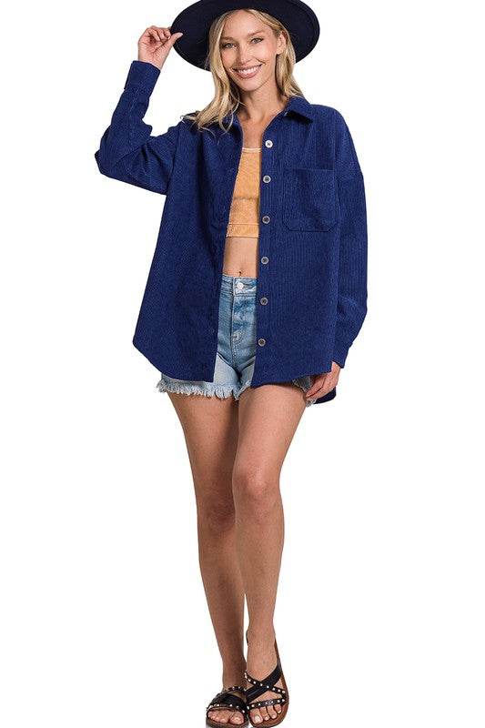Zenana Oversize Corduroy Loose High Low Hem Collar Shacket - Rosa Apparel
