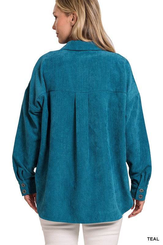 Zenana Oversize Corduroy Loose High Low Hem Collar Shacket - Rosa Apparel