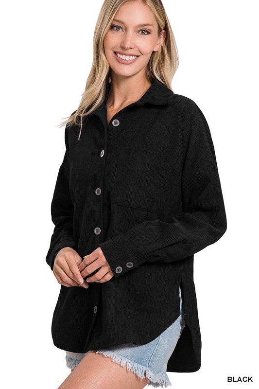Zenana Oversize Corduroy Loose High Low Hem Collar Shacket - Rosa Apparel