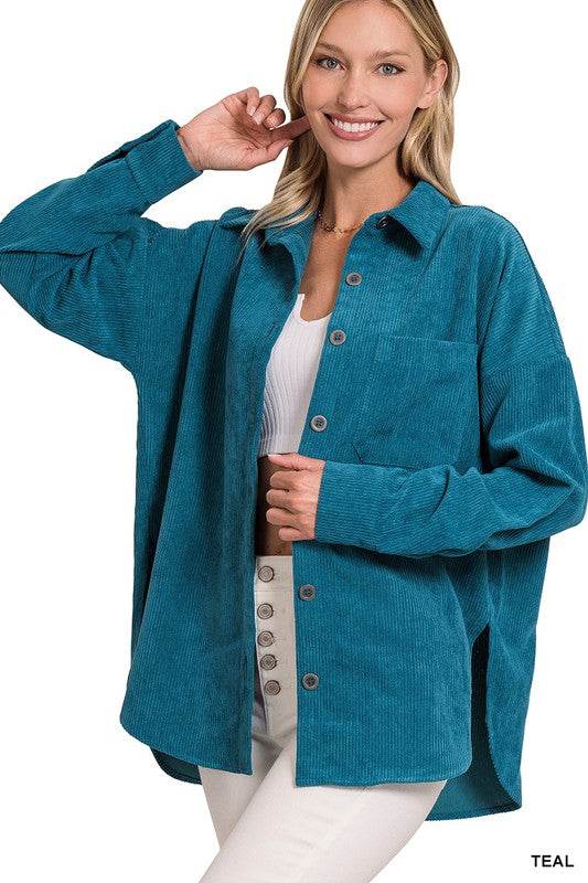 Zenana Oversize Corduroy Loose High Low Hem Collar Shacket - Rosa Apparel