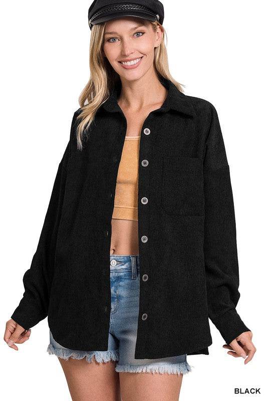 Zenana Oversize Corduroy Loose High Low Hem Collar Shacket - Rosa Apparel