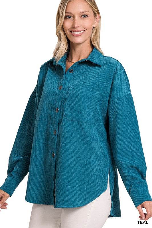 Zenana Oversize Corduroy Loose High Low Hem Collar Shacket - Rosa Apparel