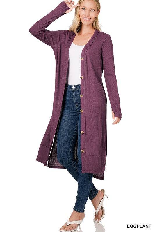 Zenana Casual Ribbed V-Neck Long Sleeves Long Cardigan - Rosa Apparel