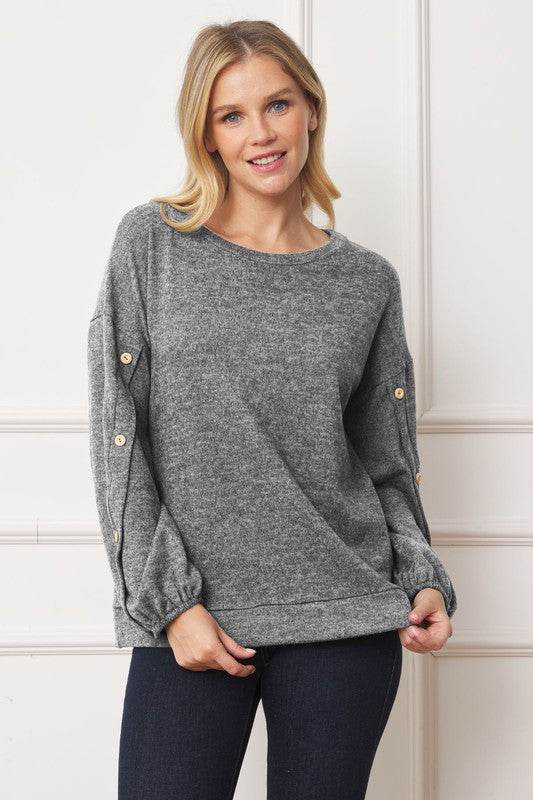 Drop Shoulder Button Sleeve Detail Sweater Top By EG Fashion - Rosa Apparel