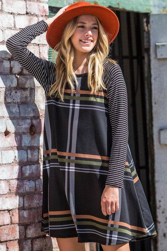 Stripe Sleeve A-Line Plaid Swing Mini Dress By EG Fashion - Rosa Apparel