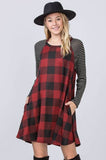 Stripe Sleeve A-Line Plaid Swing Mini Dress By EG Fashion - Rosa Apparel