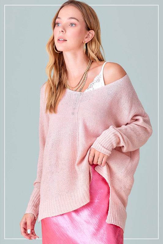 La Miel Winnie Casual Relaxed Scoop Neck Sweater - Rosa Apparel