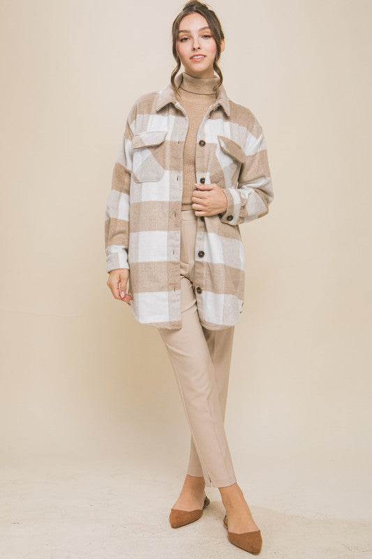 Love Tree Plaid Bust Collar Pocket Shacket - Rosa Apparel