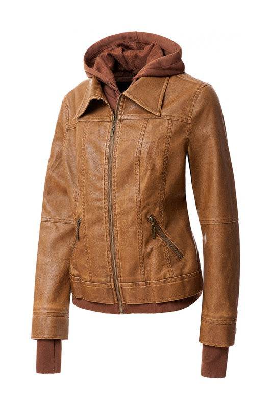 Annva USA Women's Hood PU Leather Jacket - Rosa Apparel