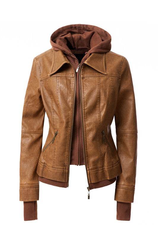Annva USA Women's Hood PU Leather Jacket - Rosa Apparel
