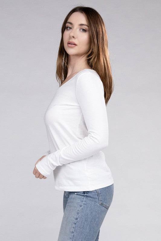 Zenana Cotton V-Neck Long Sleeve T-Shirt - Rosa Apparel