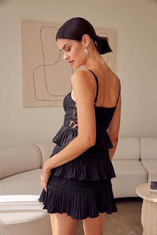 Do + Be Elegant Tiered Lace Knitted A-Line Sweetheart Neck Mini Dress - Rosa Apparel