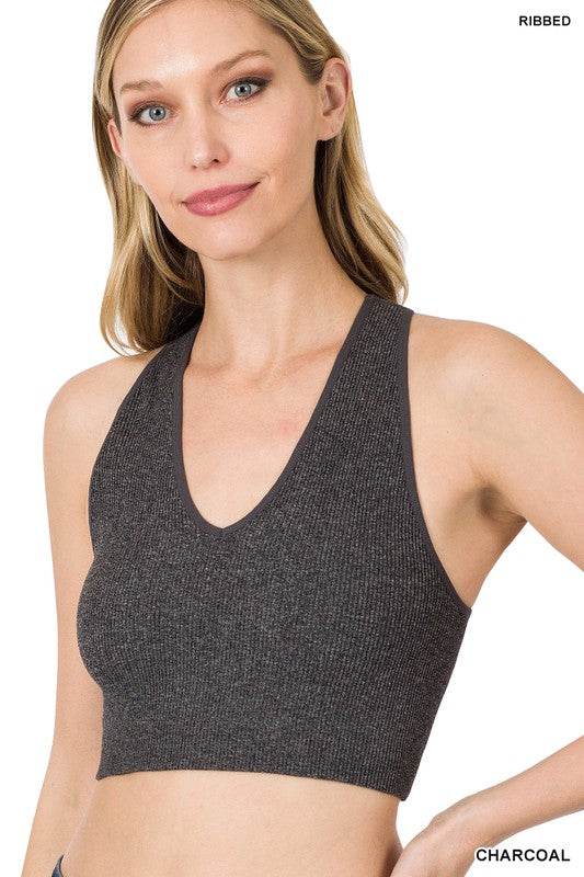 Zenana Sporty Ribbed Cropped Racerback V-Neck Sleeveless Tank Top - Rosa Apparel