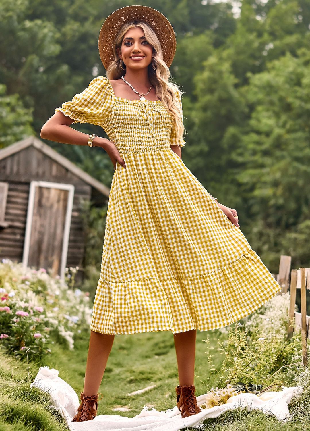 Miss Sparkling Gingham Square Neck Midi Dress