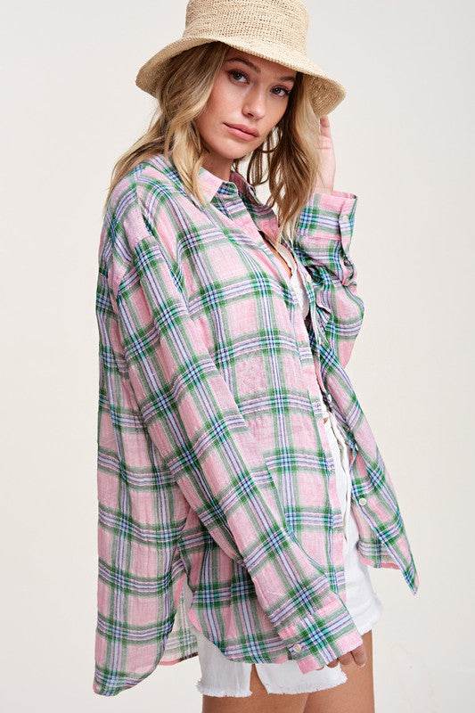 La Miel Casual Plaid Button Up Collar Long Sleeve Liz Shirt - Rosa Apparel