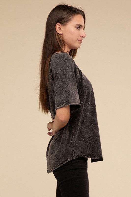 Zenana Back Patch Crinkle Washed Raglan Sleeve T-Shirt - Rosa Apparel