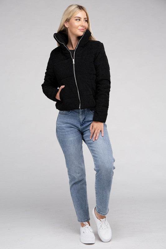 Ambiance Cozy Corduroy Zip-Up High Collar Jacket - Rosa Apparel