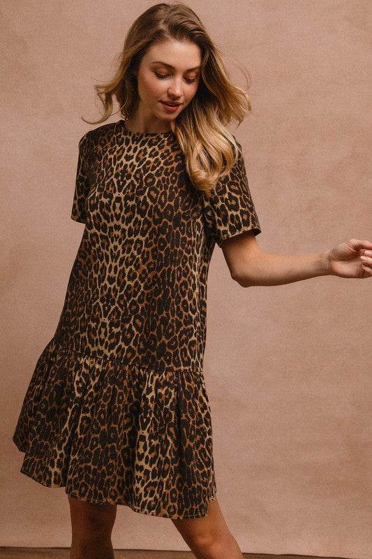BiBi Tie Back Leopard Round Neck Short Sleeve Dress - Rosa Apparel