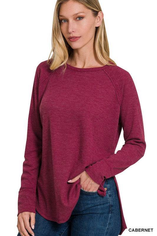 Zenana Melage Baby Waffle Scoop Neck Long Sleeve Top - Rosa Apparel