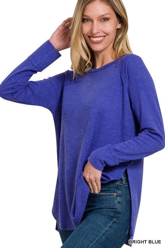 Zenana Melage Baby Waffle Scoop Neck Long Sleeve Top - Rosa Apparel