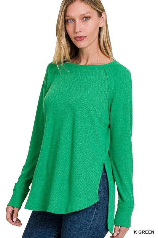 Zenana Melage Baby Waffle Scoop Neck Long Sleeve Top - Rosa Apparel