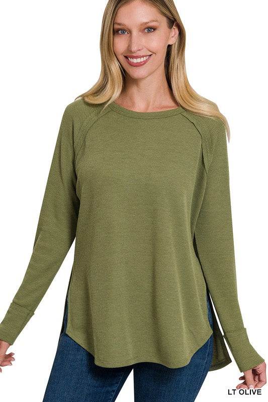 Zenana Melage Baby Waffle Scoop Neck Long Sleeve Top - Rosa Apparel