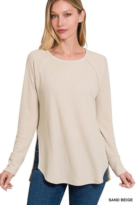 Zenana Melage Baby Waffle Scoop Neck Long Sleeve Top - Rosa Apparel