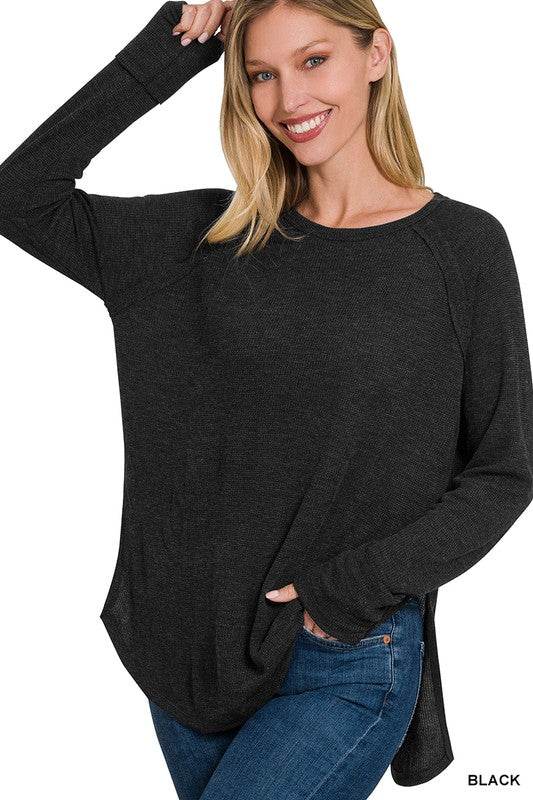Zenana Melage Baby Waffle Scoop Neck Long Sleeve Top - Rosa Apparel