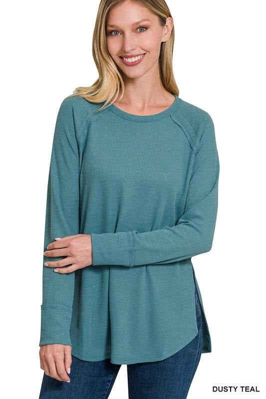 Zenana Melage Baby Waffle Scoop Neck Long Sleeve Top - Rosa Apparel