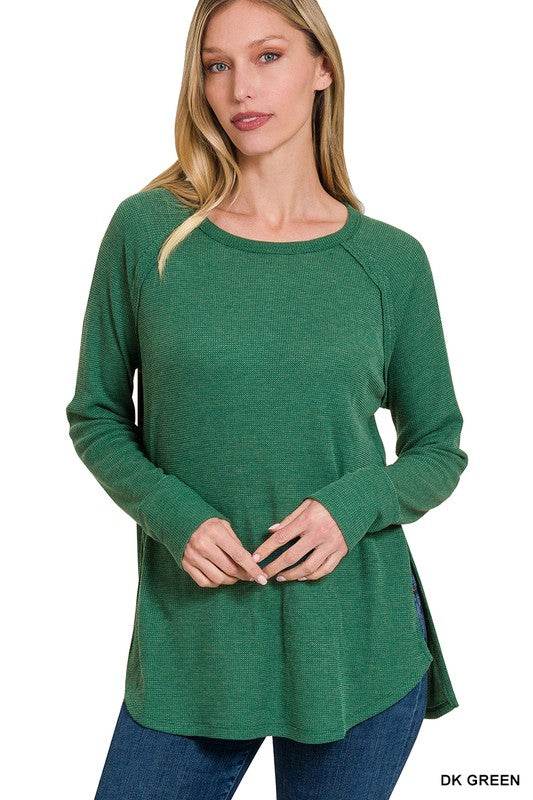 Zenana Melage Baby Waffle Scoop Neck Long Sleeve Top - Rosa Apparel