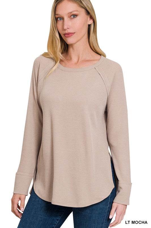 Zenana Melage Baby Waffle Scoop Neck Long Sleeve Top - Rosa Apparel