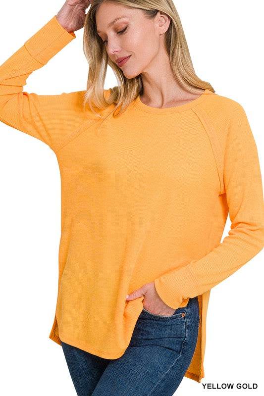 Zenana Melage Baby Waffle Scoop Neck Long Sleeve Top - Rosa Apparel