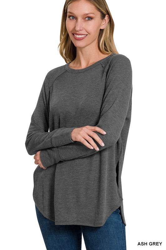 Zenana Melage Baby Waffle Scoop Neck Long Sleeve Top - Rosa Apparel