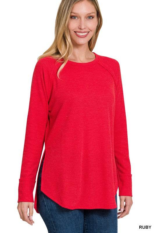 Zenana Melage Baby Waffle Scoop Neck Long Sleeve Top - Rosa Apparel