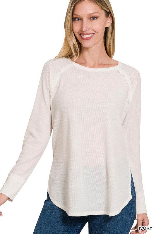 Zenana Melage Baby Waffle Scoop Neck Long Sleeve Top - Rosa Apparel