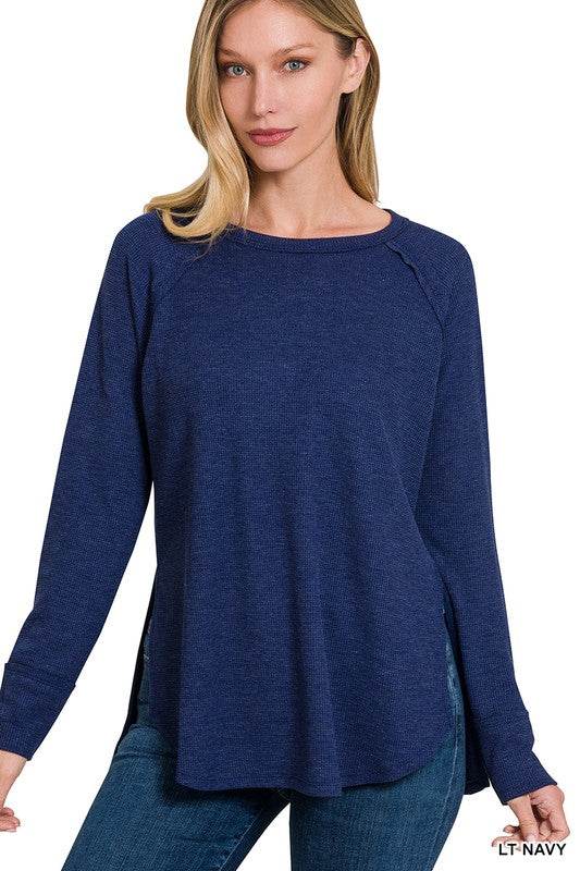 Zenana Melage Baby Waffle Scoop Neck Long Sleeve Top - Rosa Apparel
