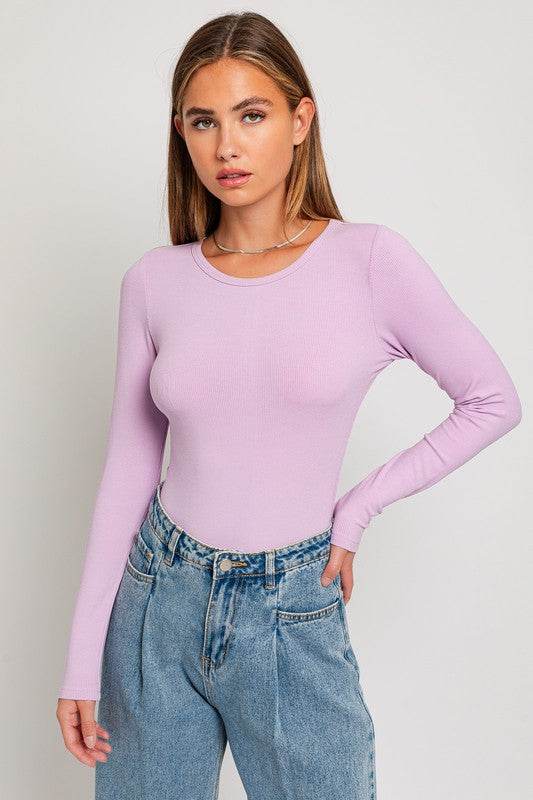 LE LIS Casual Long Sleeve Round Neck Ribbed Bodysuit - Rosa Apparel