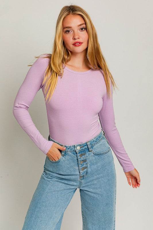 LE LIS Casual Long Sleeve Round Neck Ribbed Bodysuit - Rosa Apparel