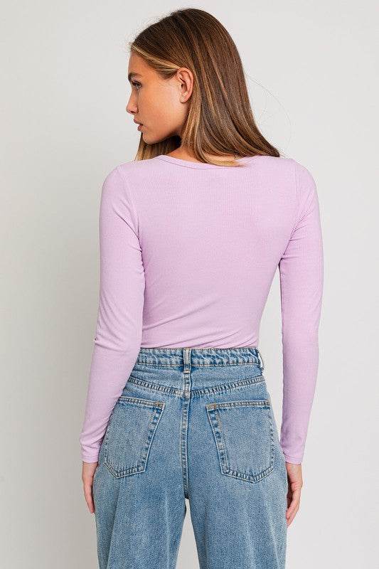 LE LIS Casual Long Sleeve Round Neck Ribbed Bodysuit - Rosa Apparel