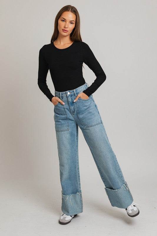 LE LIS Casual Long Sleeve Round Neck Ribbed Bodysuit - Rosa Apparel