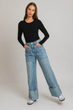 LE LIS Casual Long Sleeve Round Neck Ribbed Bodysuit - Rosa Apparel