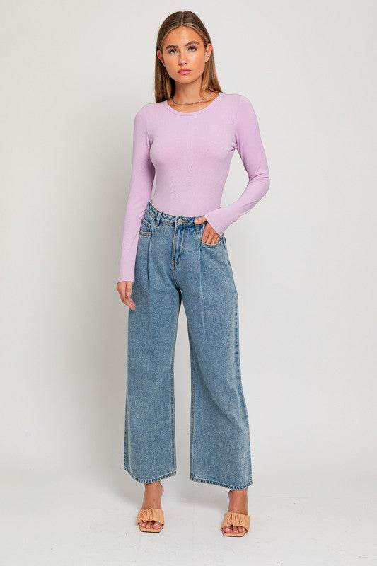 LE LIS Casual Long Sleeve Round Neck Ribbed Bodysuit - Rosa Apparel