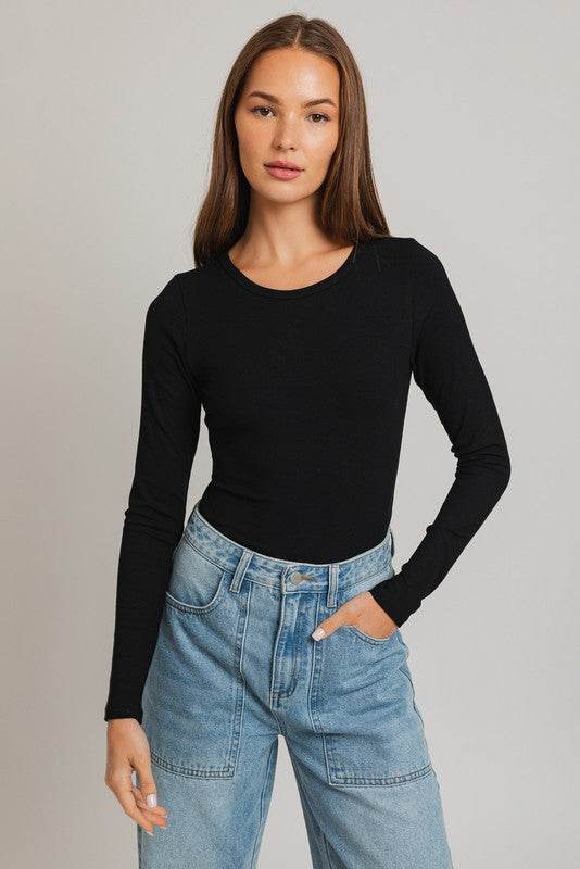 LE LIS Casual Long Sleeve Round Neck Ribbed Bodysuit - Rosa Apparel