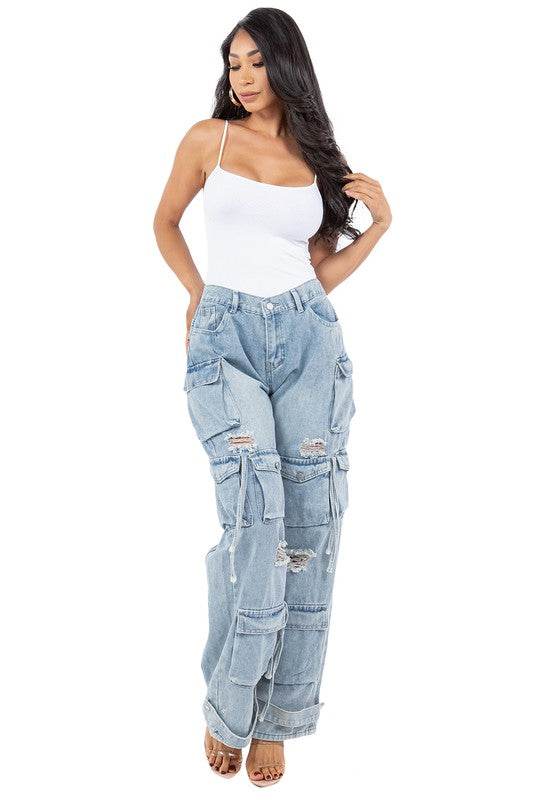 Woman Cargo Style Denim Pants By Claude - Rosa Apparel