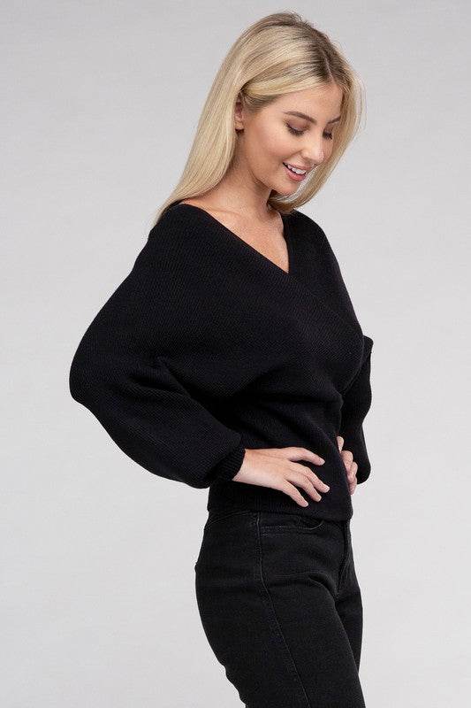 Zenana Viscose Cross Wrap V-Neck Pullover Sweater - Rosa Apparel