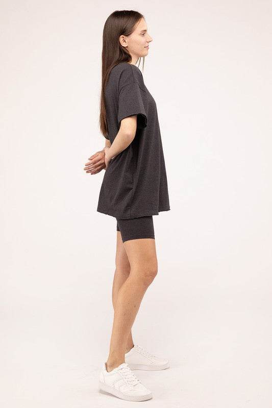 Zenana Cotton Round Neck Top & Biker Shorts Set - Rosa Apparel