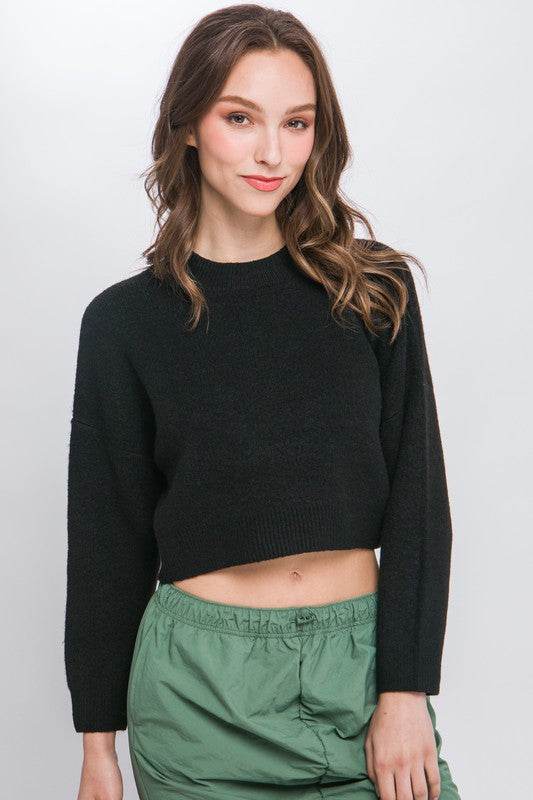 Love Tree Wool Blend Cropped Round Neck Sweater Top - Rosa Apparel