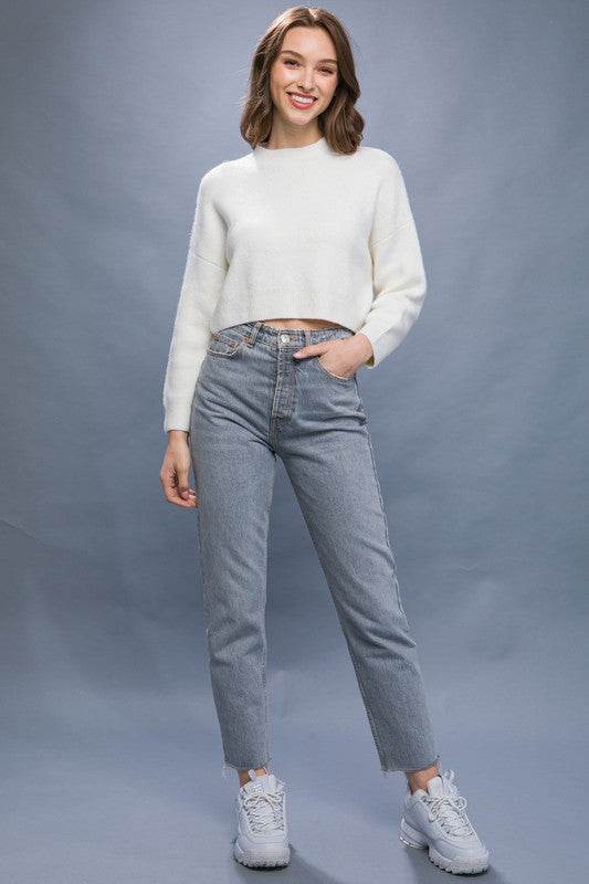 Love Tree Wool Blend Cropped Round Neck Sweater Top - Rosa Apparel