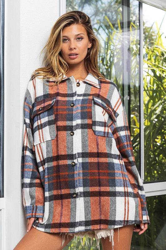 BiBi Plaid Flannel Textured With Big Checkered Point Shirt - Rosa Apparel