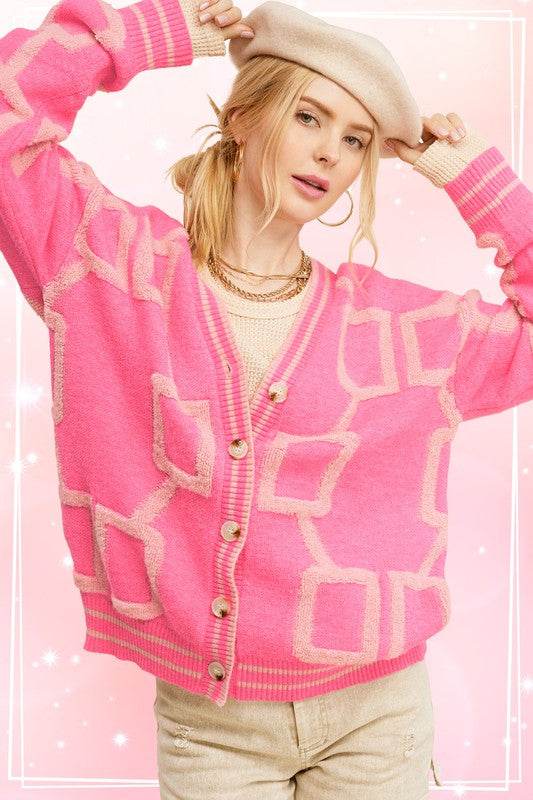 La Miel Reina Casual Oversized V-Neck Long Sleeves Knit Cardigan - Rosa Apparel